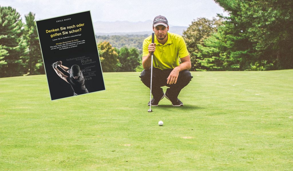 Golfer und Buchcover "Denken Sienoch oder golfen Sie schon?"