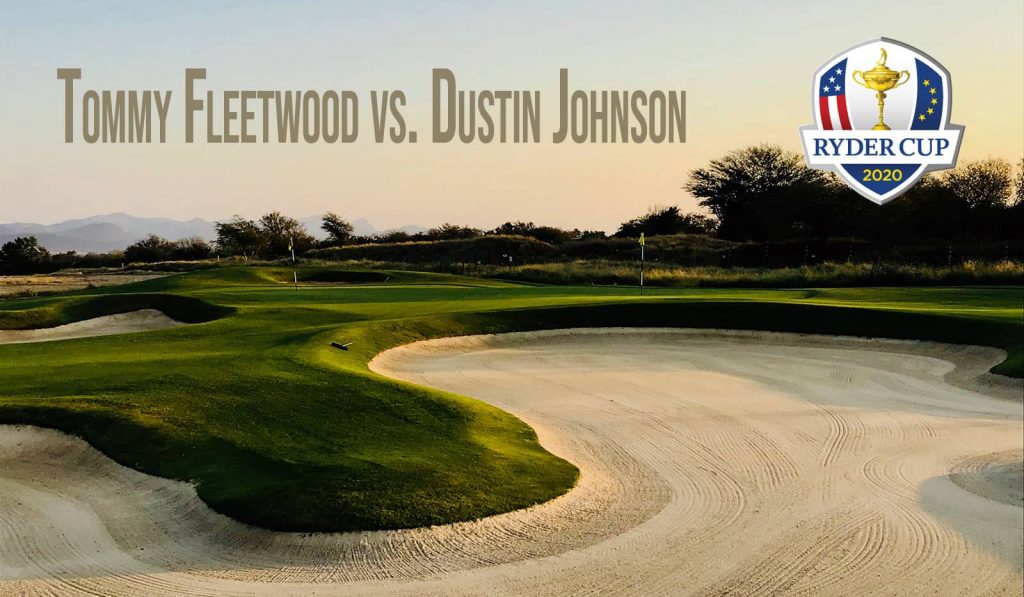 Golfplatz, Ryder Cup Logo, Schriftzug "Tommy Fleetwood vs. Dustin Johnson
