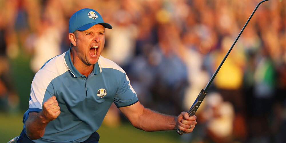 Justin Rose jubelt nach beim Ryder Cup 2023 in Rom.