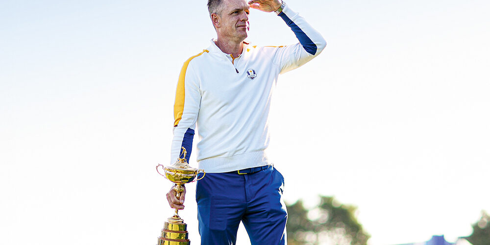 Luke Donald, Captain of Team Europe holds the Ryder Cup Trophy