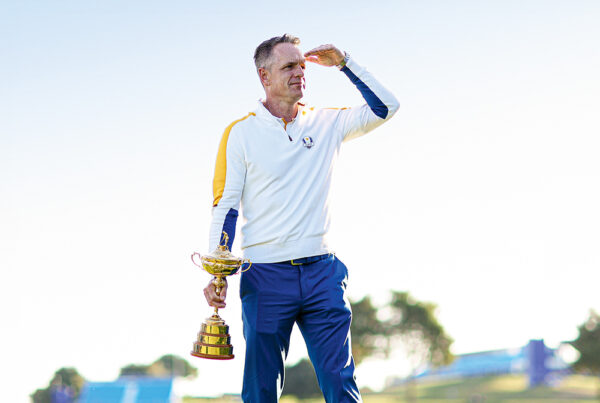 Luke Donald, Captain of Team Europe holds the Ryder Cup Trophy