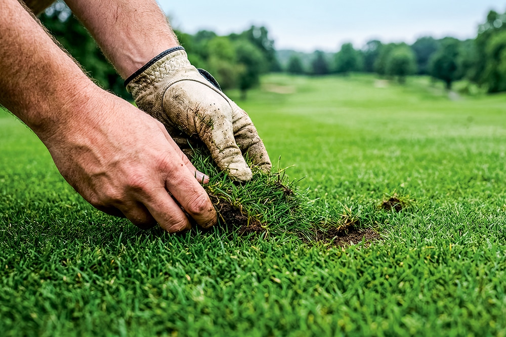 Reparatur eines beschädigten Golfrasens per Hand